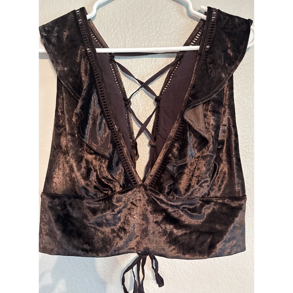 Free People Lillian Velvet Lace Up Tank Top Brown Crop Deep V Boho Ruffle XL